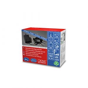 Konstsmide Guirlande lumineuse, avec interrupteur marche/arrêt, détecteur crépusculaire, minuterie 6 h et 9 h, effet givré, 20 diodes blanc chaud, à piles, extérieur (IP44), Câble noir - 3722-130