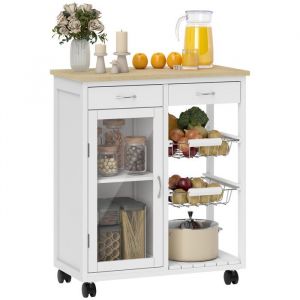 Homcom Desserte de cuisine - sur roulettes - plateau en bambou, porte vitrée, 2 paniers et 2 tiroirs - MDF - 67x35x80cm - blanc