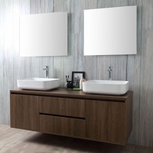 Kiamami Valentina MEUBLE DE SALLE DE BAIN SUSPENDU EN NOYER FONCÉ AVEC DOUBLE LAVABO D'APPUI ET MIROIR - SIENA - KVStore