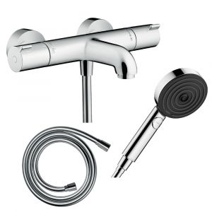 Hansgrohe Pack mitigeur bain thermostatique Ecostat 1001CL + Flexible Isiflex + Pommeau Pulsify Select EcoSmart 105 3jets chromé