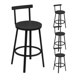 Lot de 4 Tabouret de Bar WOLTU, Tabouret Haut avec Repose-Pieds et Dossier, Cadre en Métal et Siège en MDF, Noir