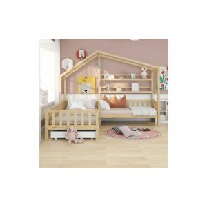 Lit cabane pour enfant avec tiroirs et étagères, bois massif avec clôture et sommier à lattes, structure en l, naturel (90x200 cm+140x70cm)