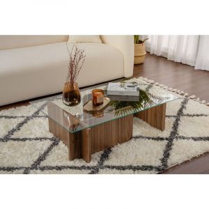 UB DESIGN Table Basse Verre Fixe Gigogne Rectangulaire Bois en Noyer 105x65x30 cm Pour Salon ou Bureau