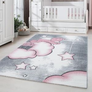 Carpetsale24 Tapis de Chambre pour Bébé et Enfant motif ours nuage et étoile couleur rose gris et blanc 80x150 cm