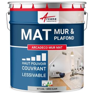 Peinture acrylique mate pour mur et plafond : ARCADÉCO MUR MAT 2.5 L - Gris Clair - RAL 7035