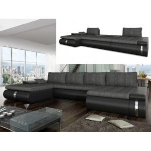 Image de Canapé d'angle panoramique convertible et réversible en tissu et simili AZELMA Noir et anthracite