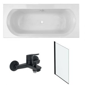 Jacob Delafon Pack baignoire droite 180 x 80 Elise + mitigeur bain douche noir mat + pare bain noir mat + vidage