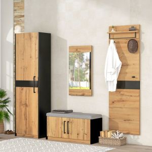 Meuble d'entrée 4 en 1 avec miroir, armoire, cintres, banc à chaussures, style campagnard, finition chêne sauvage