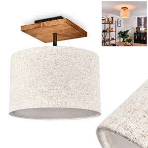 Hofstein Plafonnier Shiburg en bois et tissu beige, lampe pendante r&eacute;tro id&eacute;ale dans un salon vintage, pour 1 ampoule E27 max. 60 Watt, compatible LED