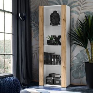 Komodee, Vitrine Armoire Tivoli, Wotan/Blanc, Largeur 55cm x Hauteur 159cm x Profondeur 35cm, sans LED, 3 étagères, pour Salon, Chambre, Entrée
