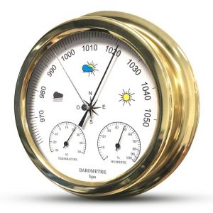 FISHTEC Baromètre Mécanique Analogique Élégant avec Thermomètre et Hygromètre - Cadre Doré 225 cm - Prévisions Météo...