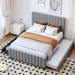 Lit adulte 90/140x190cm avec lit gigogne, 2 tiroirs, sommier à lattes tapissé, sans matelas, velours, gris