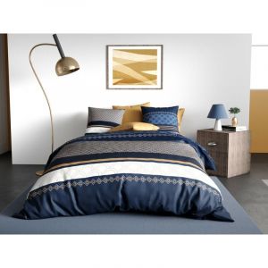 Housse de couette et deux taies coton (260 cm) Kalypso Bleue