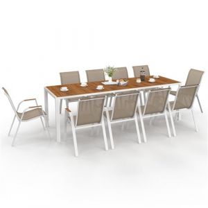 Idmarket Salon de jardin NOUMEA table 240 cm plateau verre tremp&eacute; effet bois et 10 chaises empilables blanc et bois