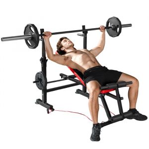 Banc de musculation complet - SPORTNOW - avec dossier r&eacute;glable, repose-jambes, sangles d'entra&icirc;nement et support de poids - noir