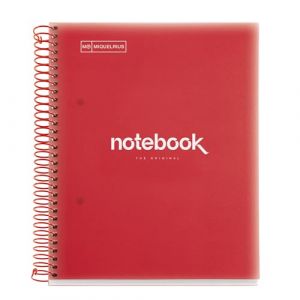 Miquelrius Carnet de notes A5 Emotions, 5 bandes de couleur, 120 feuilles quadrillées 5 mm, papier 90 g/m², 2 trous, couverture polypropylène, couleur rouge