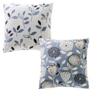 Taie d'oreiller sac imprim&eacute;e motifs feuilles en coton bleue SEVENTIES