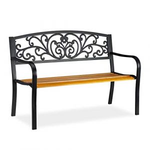 Image de Relaxdays Banc de jardin, 2 sièges, balcon, terrasse, en bois,métal, meuble rustique de parc HxlxP: 86,5x127x59 cm,brun