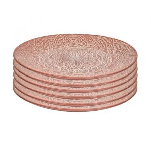 Set de 6 assiettes plates en c&eacute;ramique terracotta motif mandala (&Oslash;27 cm) - AKKA
