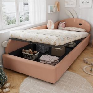 Lit coffre pour enfants 90x200cm - tête de lit en forme de lapin - clôture de gauche - velours - Rose(sans matelas)