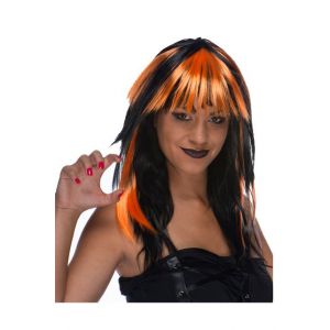 Perruque Effet Flamme Noir M&egrave;ches Orange