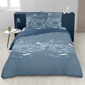 Housse de couette bleue + taies Esprit montagne Pur coton - Nuit Des Alpes 260x240