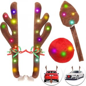 Basetbl - Kit de voiture de renne de Noël avec lumières led, kit de voiture de renne bois, nez, queue, décorations de Noël pour voiture