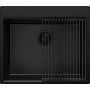 Primagran - Evier Cuisine en Granit 58x50cm, Lavabo 1 bac + Kit de Vidage + Égouttoir Enroulable, Évier à Encastrer au meuble 60cm - Oslo, Tout Noir