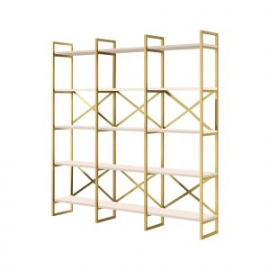 Dmora - Bibliothèque Dpezzott, Etagère de bureau, Porte-livre mobile, Librairie, 170x30h175 cm, Blanc et Or