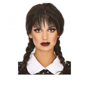 FIESTAS GUIRCA | Perruque Tresses Noires avec Frange pour Femme - Accessoire de Costume pour Halloween et Fêtes à Thème - Idéal pour Événements et Célébrations - Noir