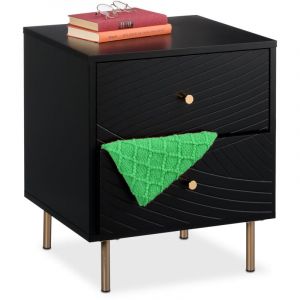 Relaxdays Table de Nuit avec 2 tiroirs, Table de Chevet, HLP : 52x45x40 cm, pour Chambre et Salon, Effet Bois, Noir/doré