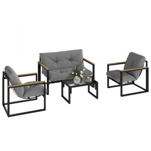 Outsunny Ensemble salon de jardin 4 places 4 pièces coussins gris acier époxy noir plastique effet bois