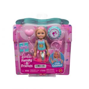 Mattel Club Chelsea Petite poup&eacute;e blonde &agrave; m&egrave;ches roses de 15 cm sur le th&egrave;me de l&rsquo;anniversaire, robe color&eacute;e et 4 accessoires de f&ecirc;te, JJB37