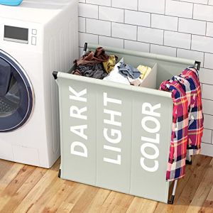 BAKAJI Panier à linge sale à linge 3 compartiments structure en métal pliable et sac en tissu décoration Sritta récipient peu encombrant avec couvercle (gris clair)