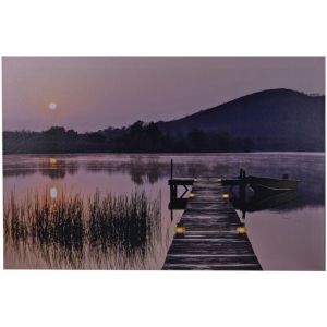 Jandei - Tableau Paysage LED avec interrupteur (noyer, 60 x 40 x 1,8) Paysage Anochcer bateau avec éclairage 7 LEDs 2 piles AA.
