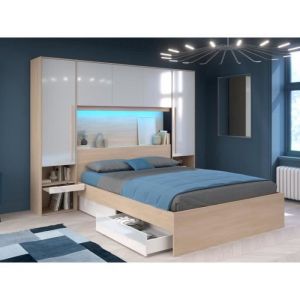 Lit pont 160 x 200 cm avec rangements - avec LEDs - Coloris : Naturel et blanc brillant + Sommier + Matelas - VELONA
