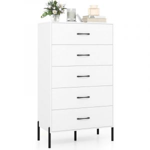 COSTWAY Commode Blanc 5 Tiroirs, Meuble de Rangement pour Chambre, Poign&eacute;es en M&eacute;tal,Panneau MDF, Kits Anti-Basculement, pour Salon, Couloir, Entr&eacute;e,