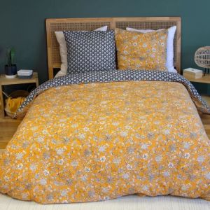 Coté Déco Parure de lit Adulte 100% Coton - Housse de Couette 220x240 cm + 2 Taies d'oreiller 63x63 cm Motif imprimé Floral Jaune, Bleu