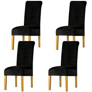 Housse de Chaise en Velours,Spandex de Bout Droit avec la Bande élastique, Dame de Velours dinant la Chaise 4pcs/set - Noir