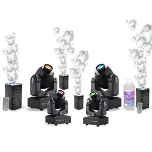 Pack Lumière 4 Lyres LED PARTY-SPOT7 10W DMX - 4 Machines à Bulles Ibiza LED BUBBLE-DREAM - Liquide à Bulles - Fête Soirée Mariage