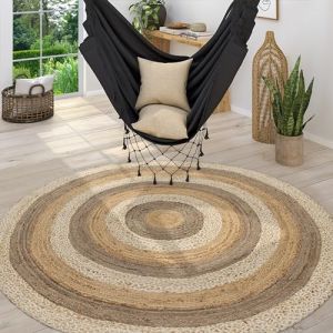 Paco Home - Tapis Rond Salon Jute Motif Ethnique Boho Moderne Fait Main Tapis Naturel 200 cm rond, Multicolore