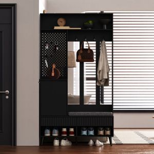Liberté - Porte-Manteau, Meuble d'Entrée, Vestiaire, Portant, Avec banc à chaussures, Crochets, Noir-MDF