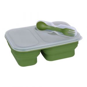 BOITE REPAS PLIABLE EN SILICONE ALIMENTAIRE AVEC COUVERCLE ET COUVERTS VERT OLIVE FOSCO CMP 0114 311074