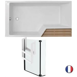 Jacob Delafon Baignoire bain douche 170 gauche NEO blanc mat + kit + Pare bain 2 volets Neo black + Etagère pour pare bain