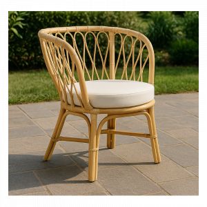 Fauteuil en rotin "Rannes" - Beige - Chaise pour Extérieur ou Intérieur - Coussin blanc cassé - D 65 x l 65 x H 85 cm