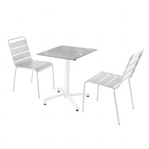 Table carrée pied blanc inclinable effet marbre 60 x 60 cm en HPL et 2 chaises en métal