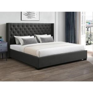 Lit 200 x 200 cm avec tête de lit capitonnée - Tissu - Gris - MASSIMO