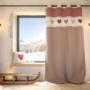 Rideau jacquard &agrave; &oelig;illets avec haut vichy et motifs c&oelig;urs Taupe 140x260 cm