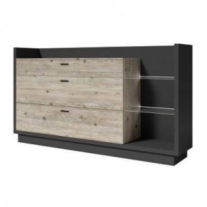 Buffet design XL 200cm. Collection CORK 3 tiroirs et &eacute;tag&egrave;res avec LED int&eacute;gr&eacute;e. Coloris gris et pin.