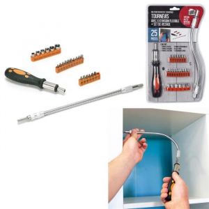 Tournevis avec Extension flexible + Set de Vissage 25 embouts Spécial Accès Difficile es Plates croix étoile xagonales clés t